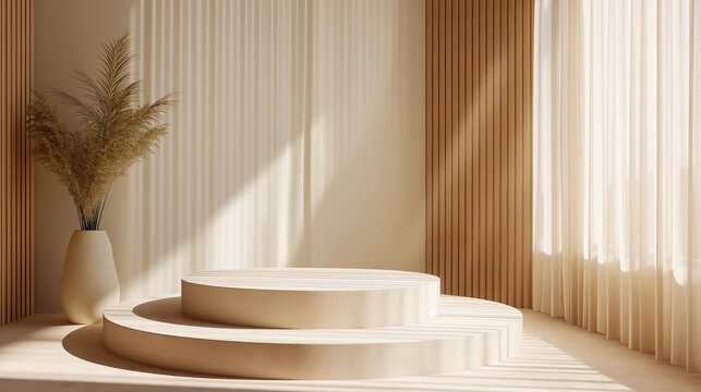The marble stage in front of the arch was bathed in soft sunlight. Prodium various product stands.
