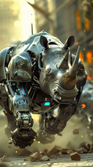 Fototapeta premium A robotic rhino charging across the screen, its speed increasing with each screen tap, mobile phone wallpaper