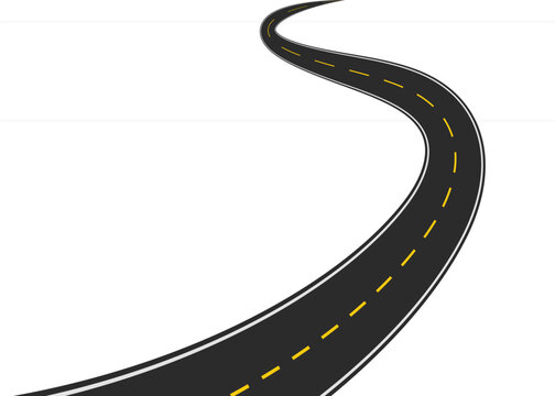 Curved road yellow white markings, vector illustration