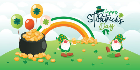 Cheerful Gnomes With Pot of Gold And Rainbow Celebrate Saint Patrick's Day, Vector, Illustration