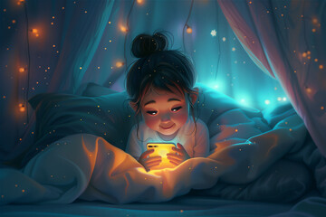 Dessin cartoon petite fille qui regarde ou joue avec son téléphone portable le soir allongée sur son lit, addiction à la lumière bleue, interdit - obrazy, fototapety, plakaty