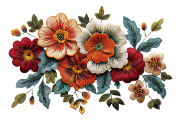 Exquisite botanical embroidery art with colorful flowers, cut out - stock png.