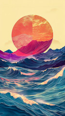 A seascape with waves representing different time periods, from prehistoric to futuristic. mobile phone wallpaper