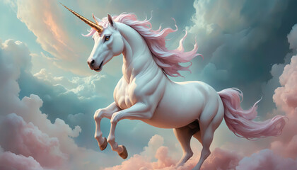 Fantasy Illustration of a wild unicorn Horse. Digital art style wallpaper background in pastel colors. - obrazy, fototapety, plakaty