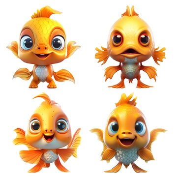 Set of cute goldfish cartoon images on transparent background.