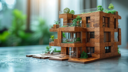 Sustainable Wooden Building Model with Lush Greenery and Glass Accents