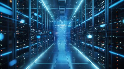 Corridor in Working Data Center Full of Rack Servers