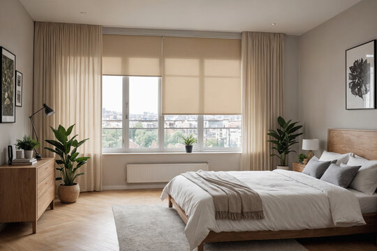 Beige blackout roller blind on windows in stylish modern badroom. Shutters on the plastic window.