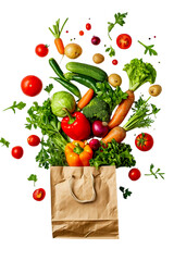 A variety of fresh vegetables cucumber, cherry tomatoes, peppers, zucchini, potatoes, leeks, lettuce leaves, carrots fly in different directions from a paper bag. The benefits of natural plant product