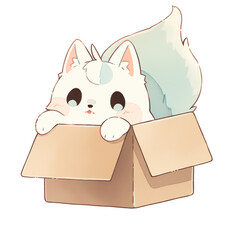 Adorable Cartoon Watercolor Cat in Box PNG:  Charming Feline Illustration | Cute Kitty Art