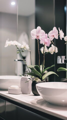 Modern bathroom countertop with a vase of blooming pink orchids, a reflection in the mirror, and various hygiene products creating a clean and elegant atmosphere.
