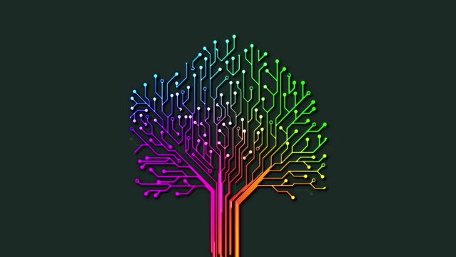 Digital Tree. Digital GPU. Information flow. Processing information. AI network technology or Green and Renewable energy concept  digital tree in binary code,