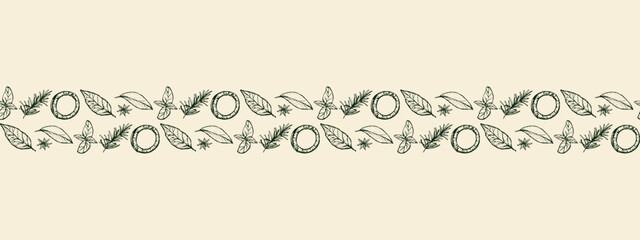 Set of spices Horizontal seamless eco banner. Vegetarian food sketch, hand drawn illustration. Banner of Healthy food, proper nutrition. Onion rings, thyme, cloves, basil, bay leaf.