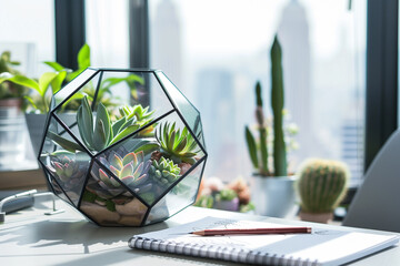 Modern office desk with a geometric plant terrarium containing succulents, a notepad and pen, a laptop, with more plants and a cityscape in the background. - obrazy, fototapety, plakaty