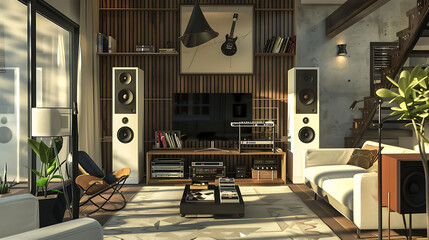 Cozy modern living room designed for music lovers, with a dedicated listening area featuring high-fidelity speakers and vinyl records displayed on the walls