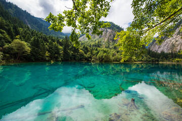 Beautiful view of the blue lake of Wolong Sea in Jiuzhaigou, Sichuan, China