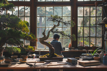 In a serene bonsai workshop bathed in sunlight, a beautifully twisted bonsai tree takes center stage on a wooden table, with a person working in the tranquil background by large windows.
