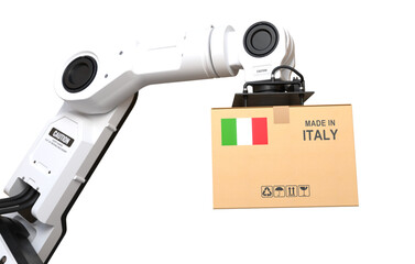 The robot arm is lifting a box of products made in Italy on transparent background