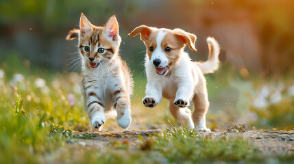 dogs and cats running happily