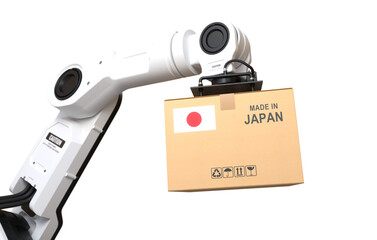 The robot arm is lifting a box of products made in Japan on transparent background