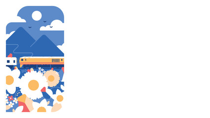 Railway travel. A small colorful vaector illustration on a postcard or flyer