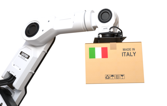 The robot arm is lifting a box of products made in Italy on transparent background