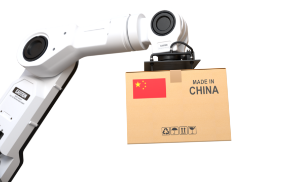 The robot arm is lifting a box of products made in China on transparent background