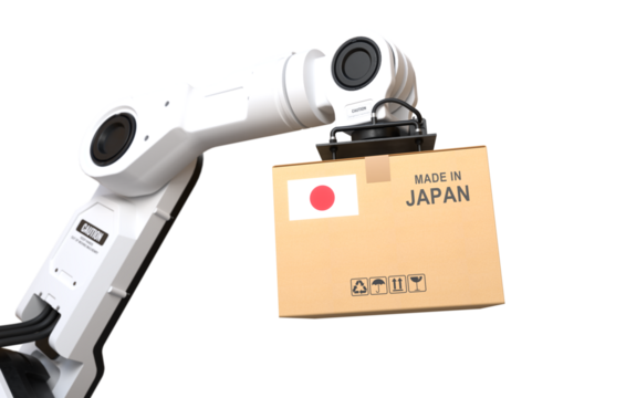 The robot arm is lifting a box of products made in Japan on transparent background
