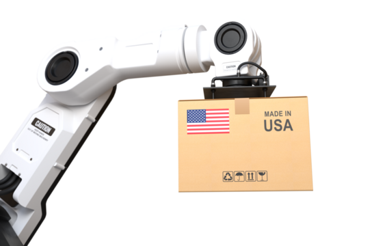 The robot arm is lifting a box of products made in USA on transparent background