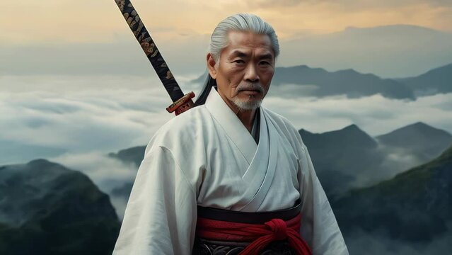 A dignified aged samurai standing against a backdrop of a sea of clouds and mountains, with white hair, a traditional white kimono and red belt, holding a Japanese sword
