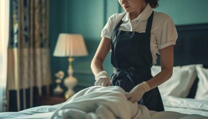 a maid in uniform making the bed in a hotel room - obrazy, fototapety, plakaty