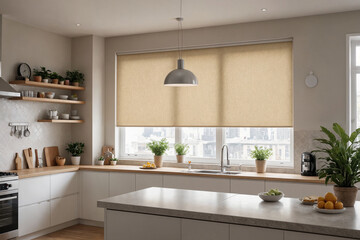 Beige blackout roller blind on windows in stylish modern kitchen. Shutters on the plastic window.