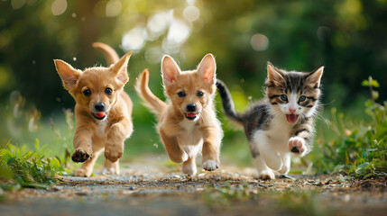 dogs and cats running happily