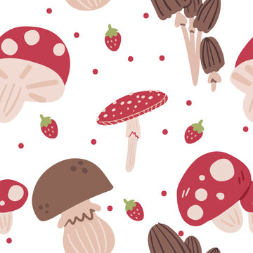 Cute Seamless Pattern Fall Mushroom Trees House Strawberry