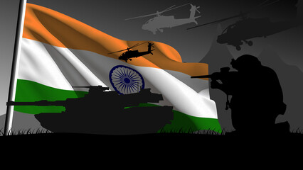 India is ready to enter into war, silhouette of military vehicles with the country's flag waving