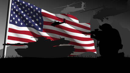 USA is ready to enter into war, silhouette of military vehicles with the country's flag waving