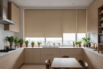 Beige blackout roller blind on windows in stylish modern kitchen. Shutters on the plastic window.