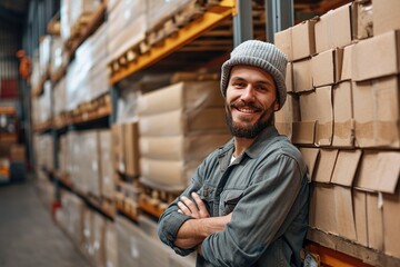Cheerful warehouse manager standing next to a stack of cardboard boxes - obrazy, fototapety, plakaty