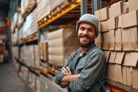 Cheerful warehouse manager standing next to a stack of cardboard boxes