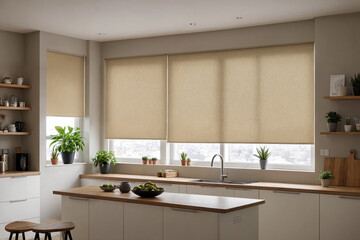 Beige blackout roller blind on windows in stylish modern kitchen. Shutters on the plastic window.