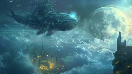 fantasy scene with a colossal whale-shaped airship gliding through a sea of clouds towards a moon city