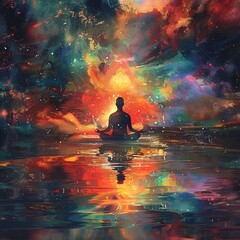 dreamlike scene of a person meditating in a lotus position their mind palace glowing with vibrant colors and imagery