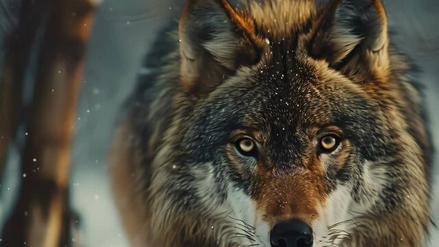 close up wolf at winter. 4k video animation