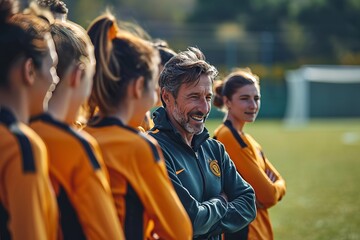 Male coach talking to female soccer team on football pitch