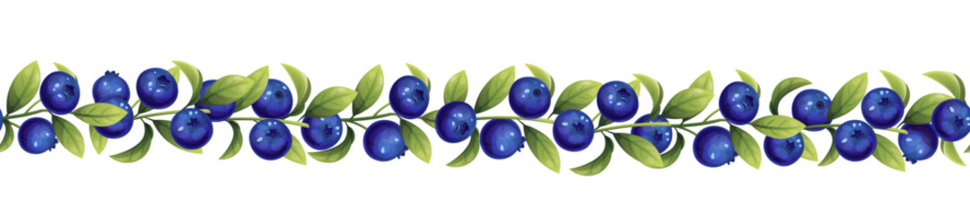 Seamless border of blueberry twigs and green leaves. Botanical illustration for decoration, design, tape.