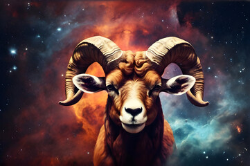 Majestic cosmic ram with curved horns against vibrant starry nebula. Ideal for Aries zodiac, International Astrology Day, fantasy wildlife art, or space decor with surreal appeal