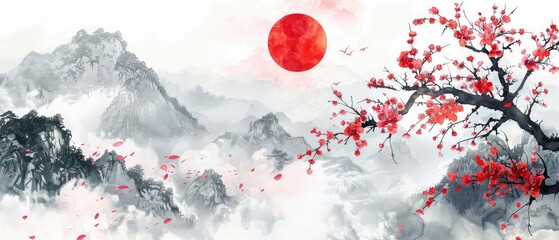 Timeless Serenity. Vintage Japanese Landscape Capturing Cherry Blossoms and the Red Sun in Traditional Watercolor.