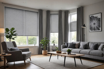 Gray blackout roller blind on windows in stylish modern living room. Shutters on the plastic window.