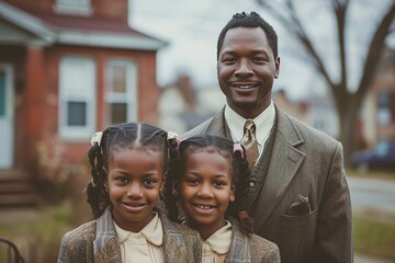 Father standing with daughters in front of house - obrazy, fototapety, plakaty
