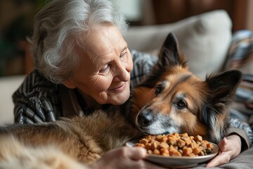 Happy senior woman holding plate of food and stroking dog at home